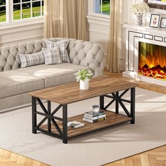 Greenforest Coffee Table Round Corner Farmhouse Center Table 2-Tier Storage