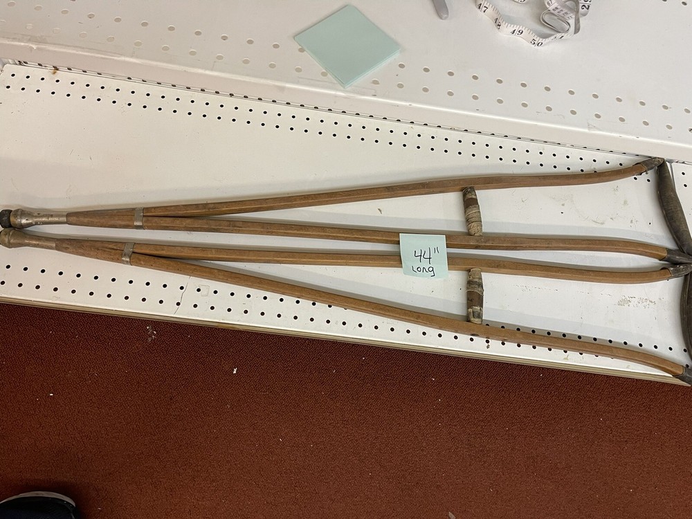 Rare Vintage Wooden Medical Crutches 44″ – Civil War Era – Leather Crutch Pads