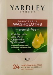 Yardley Disposable Alcohol-Free Washcloths 24 Large Aloe Chamomile Vit E 12×8″