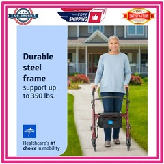 Medline Steel Rollator Walker with Seat, Foldable, Burgundy