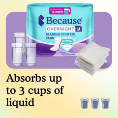 Because Overnight Incontinence Pads for 120 Count (6 Packs of 20) New Version