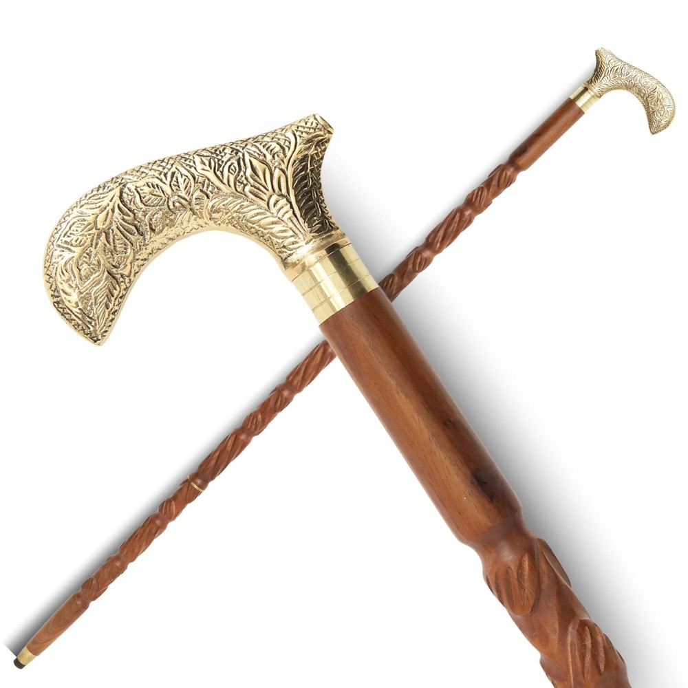 Antique Brass Handle Wooden Walking Cane – Vintage Decorative Walking Stick w…