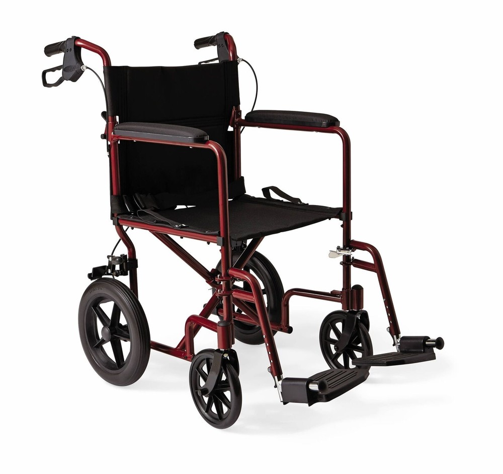 Medline Red Aluminum Transport Folding Wheelchair with 12″ Rear Wheels