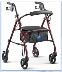 Medline 4-Wheel Steel Rollator Walker Foldable w/ Seat & Bag, Red, 350 lb