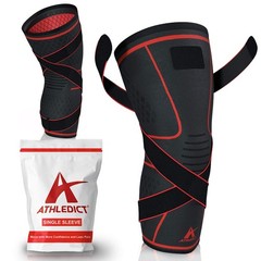 ATHLEDICT Knee Brace Compression Sleeve with Strap for Large, Dark Grey/Red