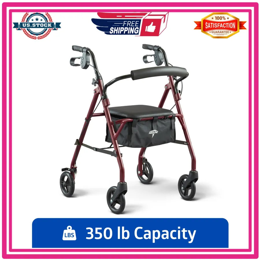 Medline Steel Rollator Walker with Seat, Foldable, Burgundy