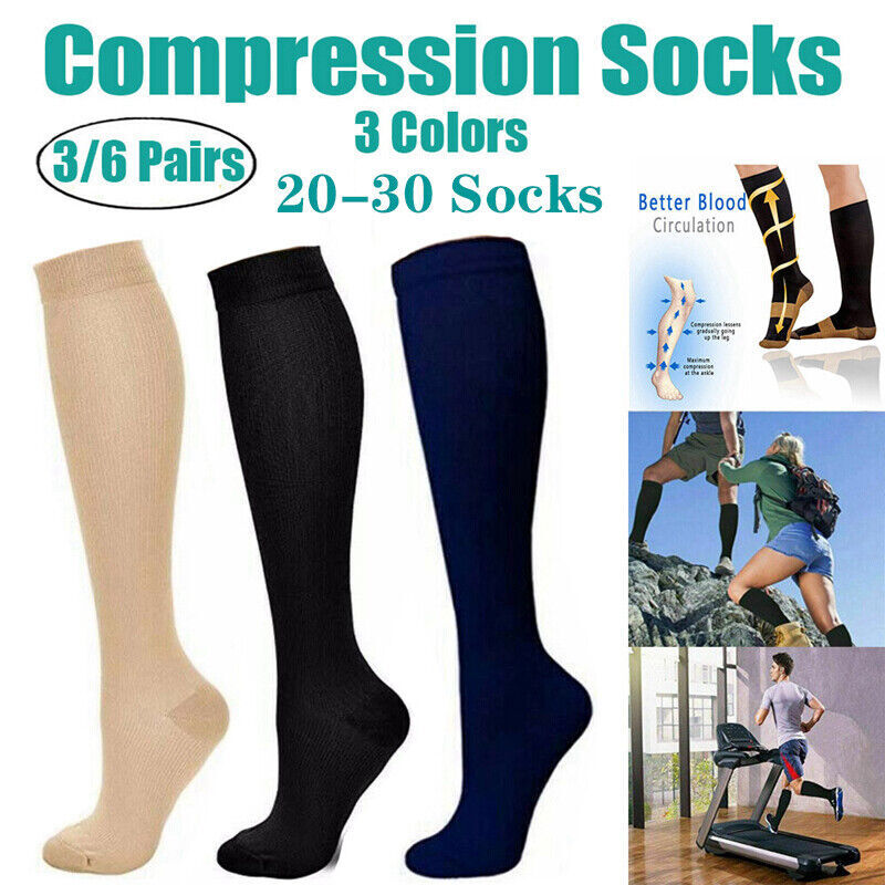 3 Pares Medias Calcetines De Compresion Para Hombres Y Mujeres Best 20-30 Mmhg..