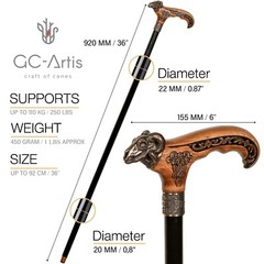 Metal walking stick cane solid brass bronze Ram Skull wooden handle black shaft
