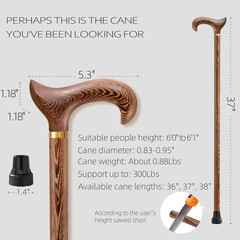 Walking Cane, Available in Multiple Inches Wooden Cane Support up to 300 Lbs, Su