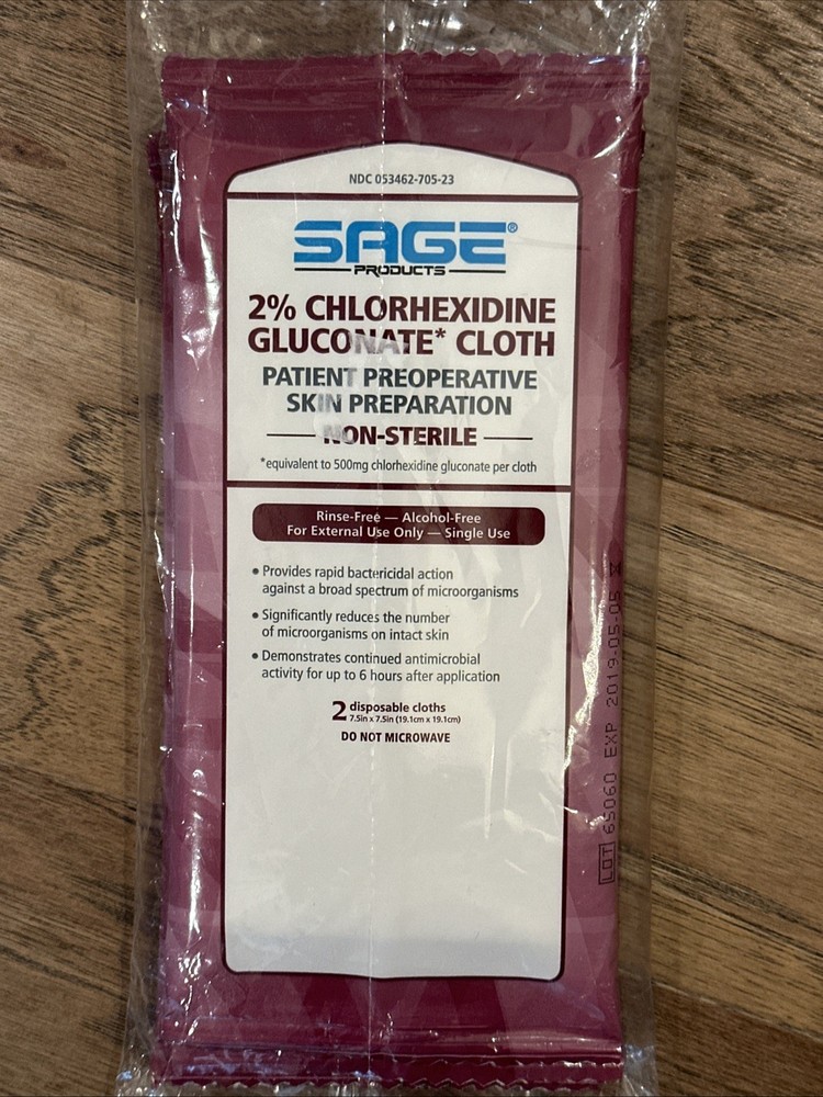 Sage 2% Chlorhexidine Gluconate Cloth PreOp Prep 3 Sealed Packs Total Six Cloths