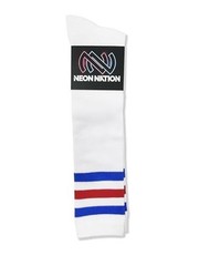 Unisex White Knee High Team Tube Socks One Size White With Blue & Red Stripes