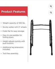 Black Foldable Adjustable Height 2-Wheel Walking Frame Walker 350 lb Capacity