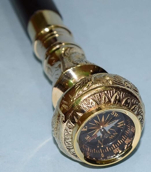 Brass Knob Compass on Top Handle Vintage Black Foldable Wooden Walking Stick Can