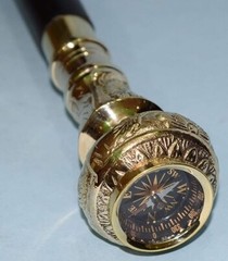 Brass Knob Compass on Top Handle Vintage Black Foldable Wooden Walking Stick Can