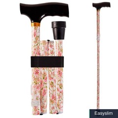Folding Walking Cane Adjustable, Aluminum Shaft, Wood Handle, Floral, 250 lb