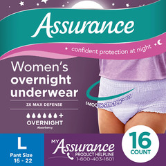 Assurance Women’s Incontinence & Postpartum Underwear, Large, Overnight 16 Count
