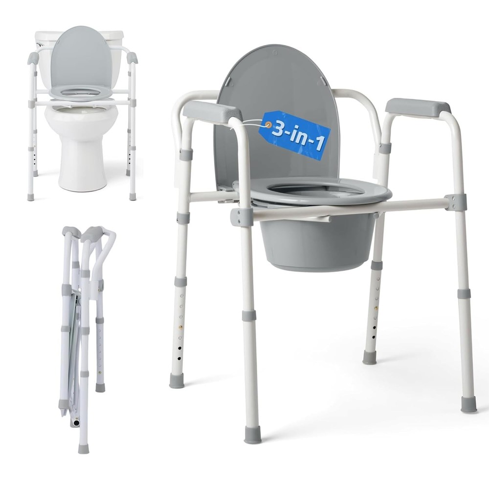 Dark Gray 3-in-1 Portable Folding Commode with Elongated Seat Microban Treated