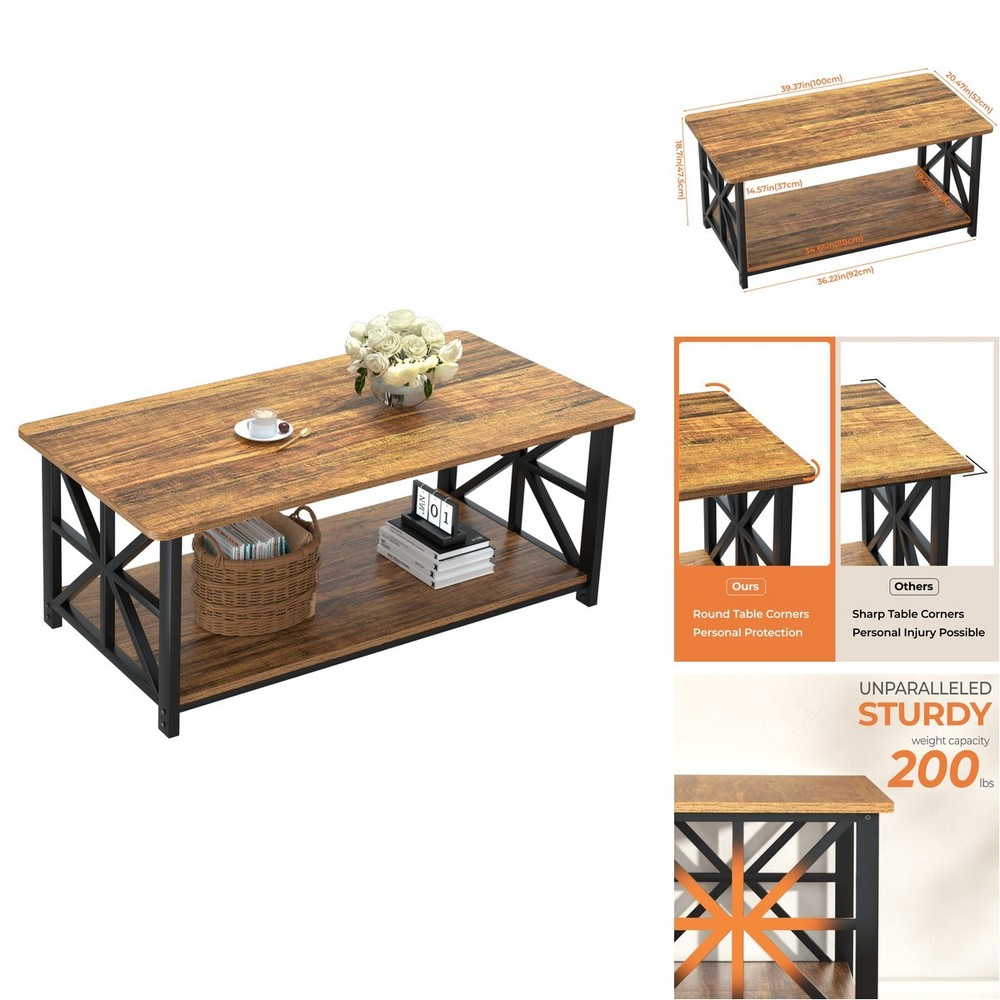 Greenforest Coffee Table Round Corner Farmhouse Center Table 2-Tier Storage