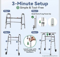 LOYODA Folding Walker w/Tray, 2 Wheels, Adjustable 31-38″.