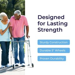Lightweight Folding Walker with Wheels – Adjustable Height, Dual Push-Button, 5″