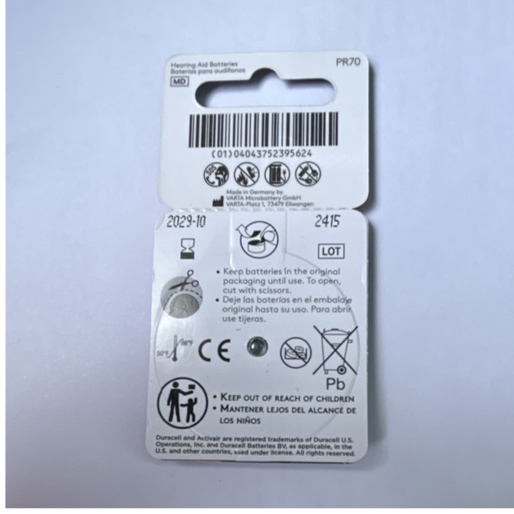 Duracell Activair Hearing Aid Batteries Size 10 PR70 Zinc Air 1.45V 6 Pack