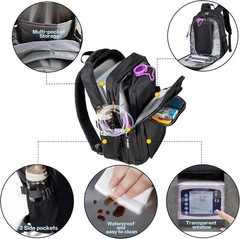 Black Enteral Feeding Tube Backpack for Adults with Multi-Compartment Storage
