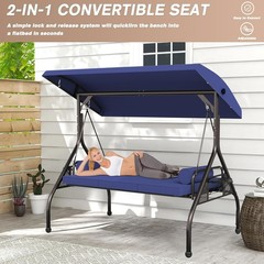 3 Seat Outdoor Porch Swing Bench, Adjustable Canopy Swing Chair, Convertible