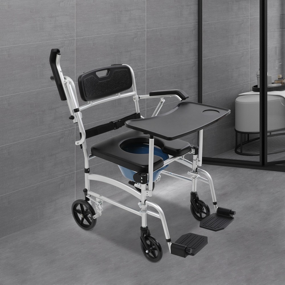 220lbs Shower Commode Chair Mobility Wheelchair Bedside Toilet Seat with Casters