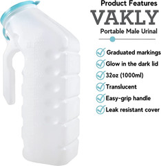 Vakly Male Urinal with Glow in the Dark Cover [2 Pack 32Oz] Portable Urine Pee B