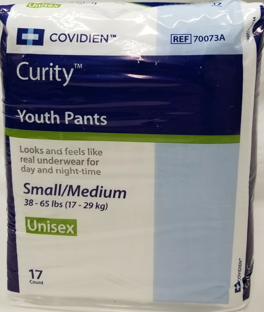 Curity 70073A Unisex Youth Pants Underwear S/M 38-65 Lbs – 17 Ct