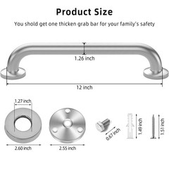 Brushed Nickel Grab Bars for Shower Safety, 12″ x 1-1/4″, 2-Pack