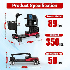 4 Wheel Mobility Scooter for Adults 350W Electric Travel Scooter 350 lbs Red