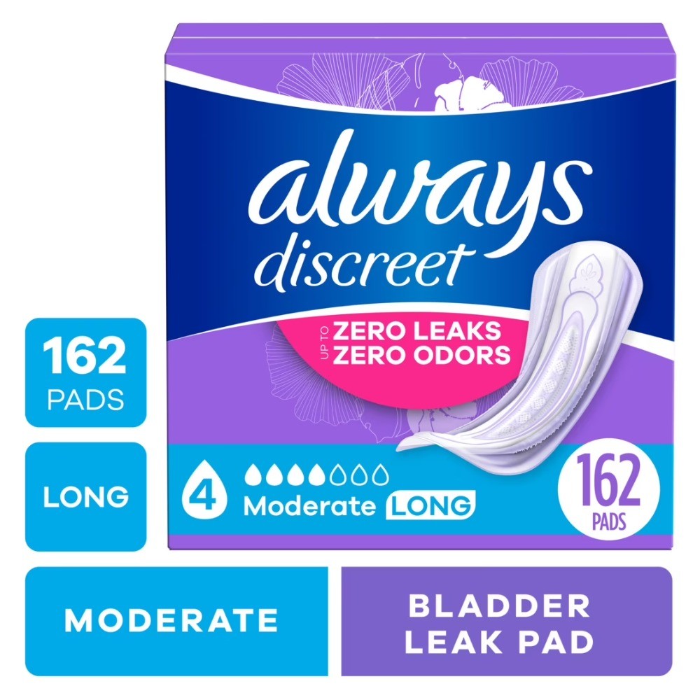 Discreet Incontinence Pads for Women, Moderate Absorbency, Long Length