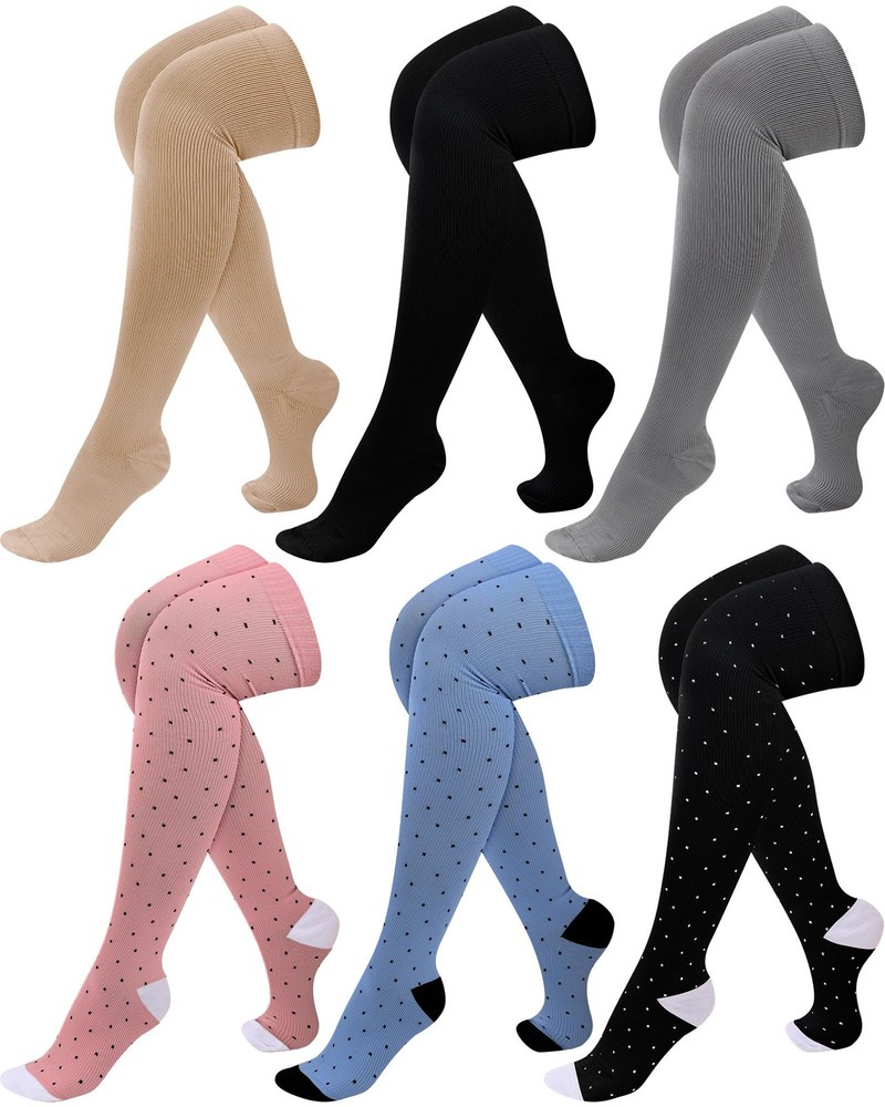 6 Pcs Large Size Thigh Compression Socks for Women Men large, Classic Style