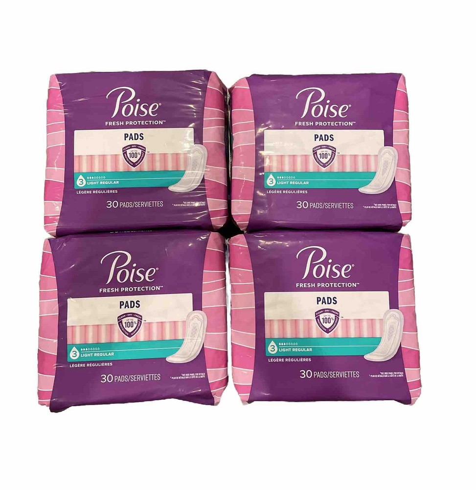 4x Poise Fresh Protection #3 Light Regular Absorbency Pads – 30 Ct Ea Pack New