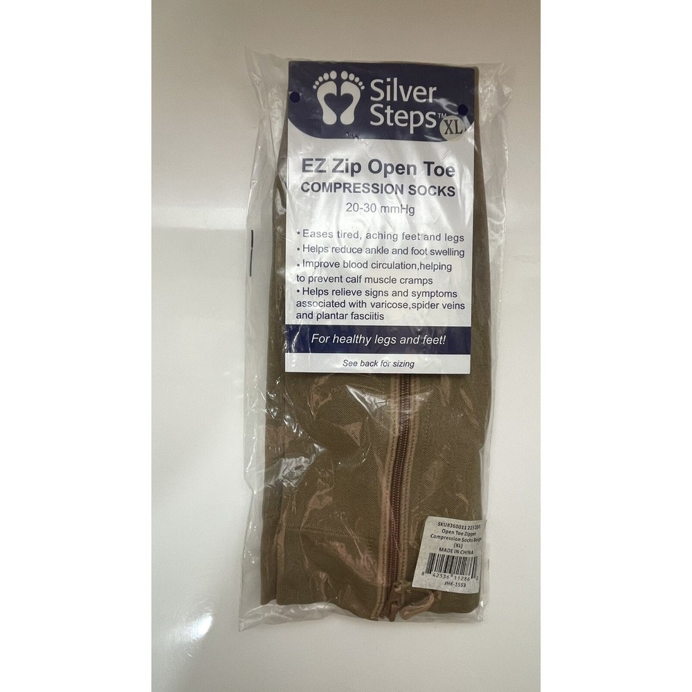 Silver StepsTM EZ Zip Open Toe Compression Socks, 20-30 mmHg