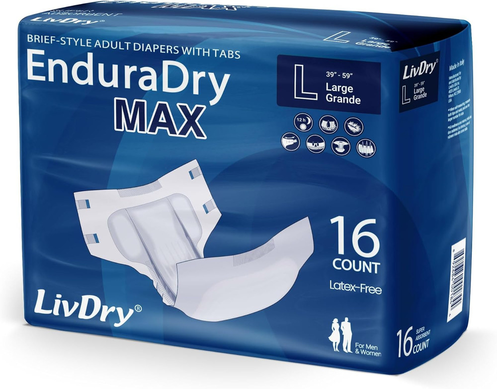 Enduradry Max Adult Diapers with Tabs, up to 12-Hours, Super Absorbent Incontine