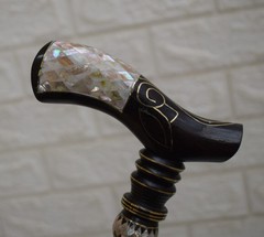 Handcrafted Egyptian Ebony Walking Cane: Mother of Pearl Inlay Stick (36 inch)