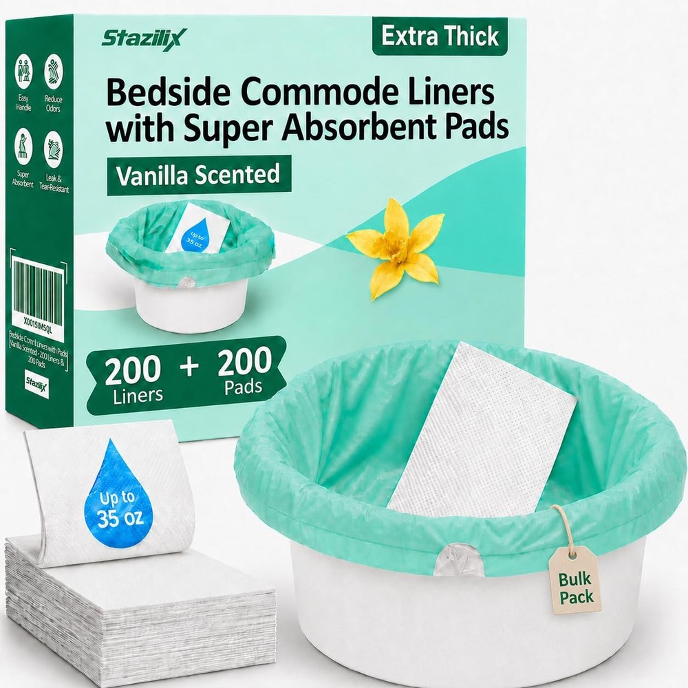 Bedside Commode Liners with Absorbent Pads Bulk Pack, 200 Liners + Pads for E…