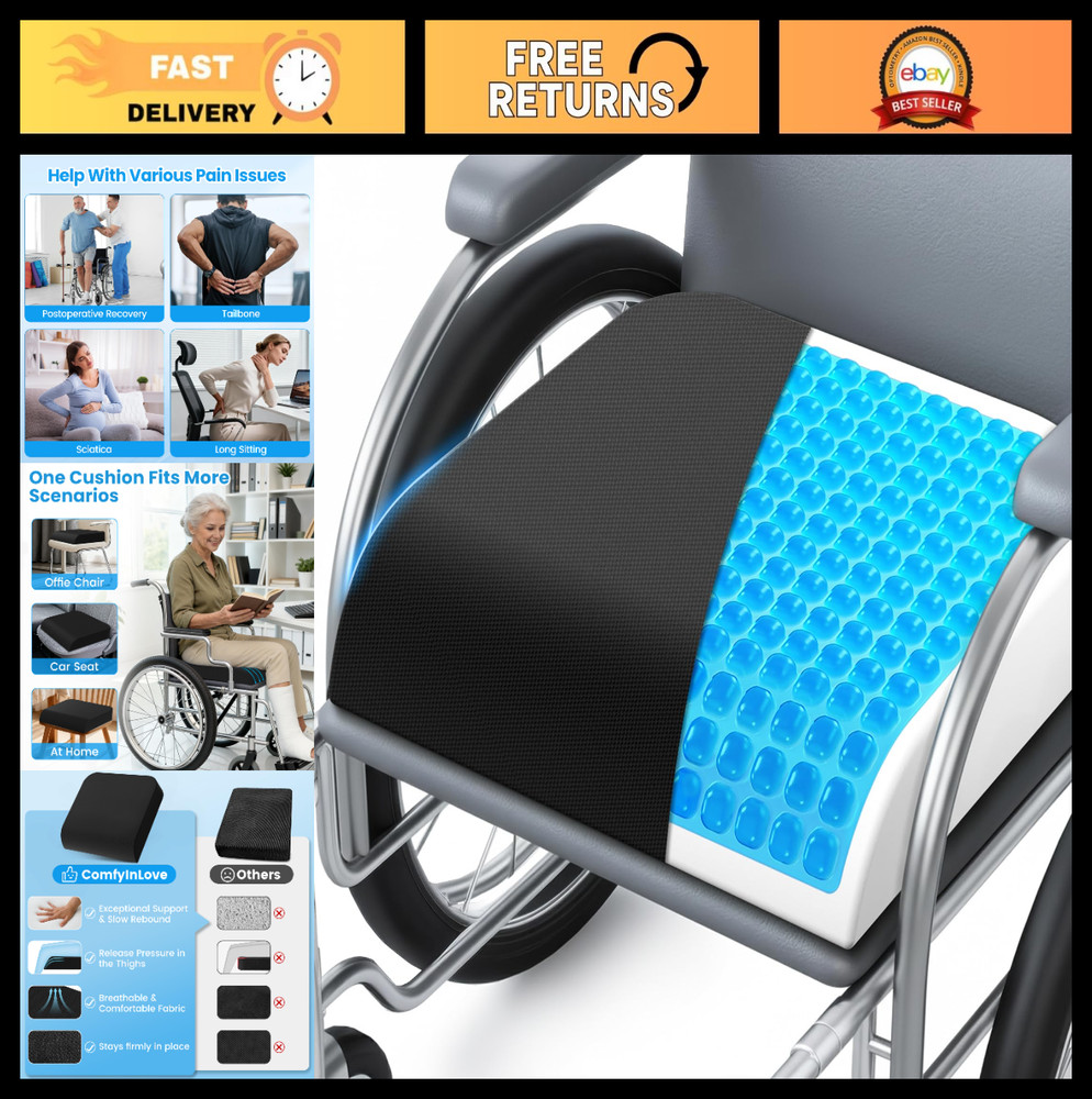 Cooling Gel Memory Foam Wheelchair Cushion | Pressure Relief, Coccyx Support, No