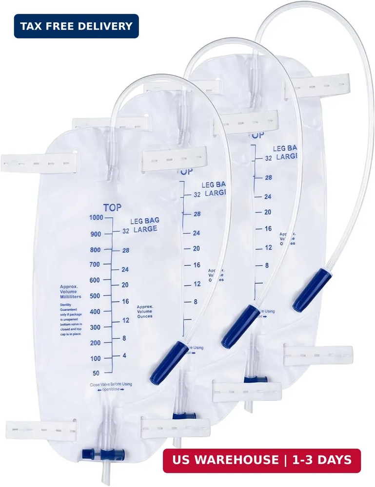 3 Pack 1000ml Sterile Leg Urinary Drainage Bags with 2 Adjustable Elastic Straps