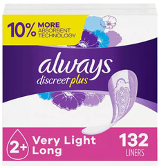 Always Discreet plus Incontinence Liners for Women, Very Light Long (132 Ct.)