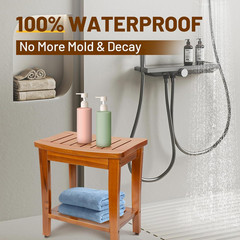 16″ Teak Shower Bench with Shelf – Durable Waterproof Stool for Indoor/Outdoor U