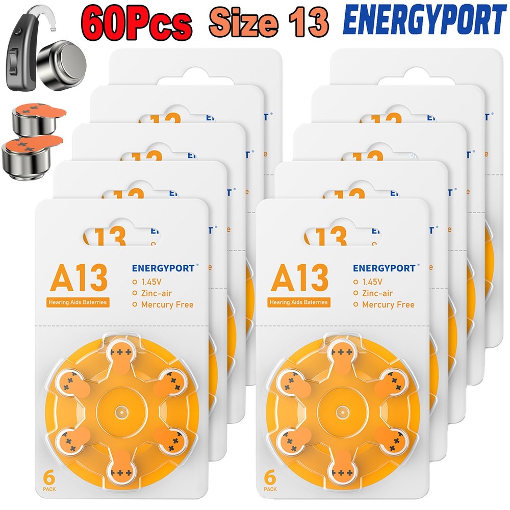60 Pack Size 13 Hearing Aid Batteries A13 PR48 1.45V Zinc Air Mercury Free
