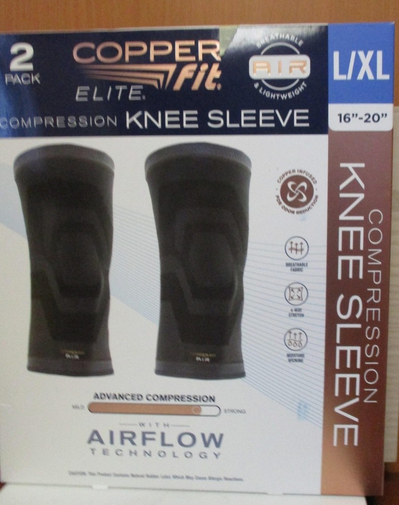 Elite Copper Fit Knee Compression Sleeve Flexible L/XL 16”-20” 2 Pack Open Box