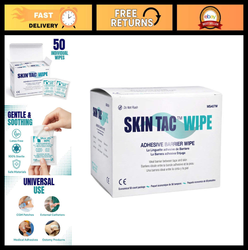 Skin Tac Adhesive Barrier Prep Wipes, Liquid, Latex-Free, Hypoallergenic, 50 Cou