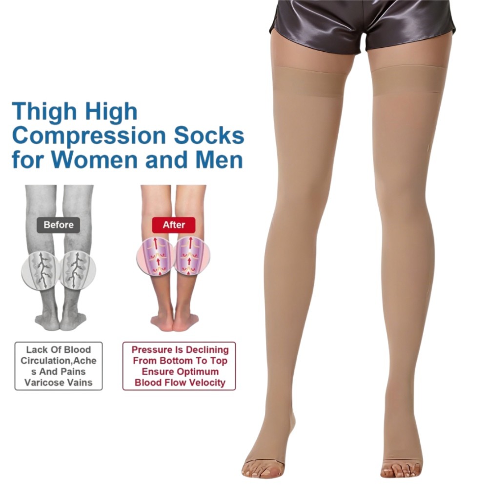 Thigh High Compression Stockings 20-30 mmHg, Open Toe Socks for Women & Men