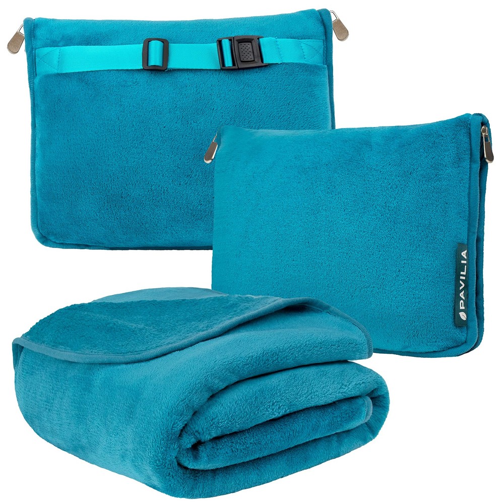 PAVILIA Travel Blanket Pillow, Soft Airplane 60 x 43 inches, Teal Blue