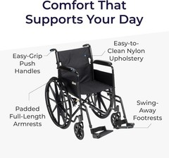 Drive Medical Silver Sport 1 Folding Transport Wheelchair, Lightweight Black