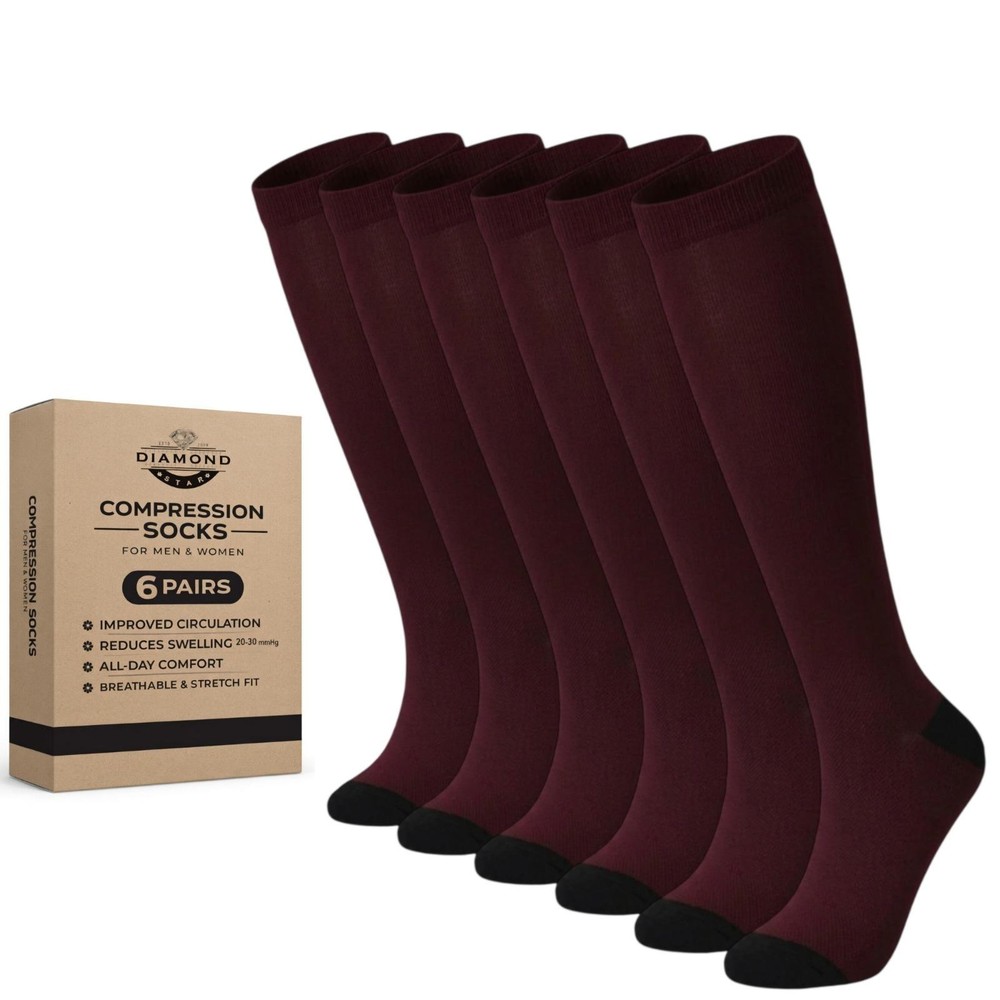 6 Pairs Men & Women Burgundy Compression Socks Fit Knee High Support Running